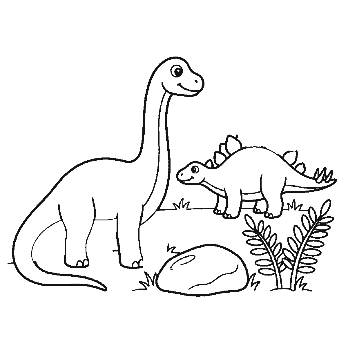 Paso 4 de 6: Paso 4 de 6: Lámina de dibujo paso a paso: un dinosaurio de cuello largo, de pie y de perfil, junto a un dinosaurio más pequeño con placas en el lomo, cada uno con un ojo redondo de pupila rellena, y dos helechos y una roca redondeada al lado, contornos negros sobre blanco.