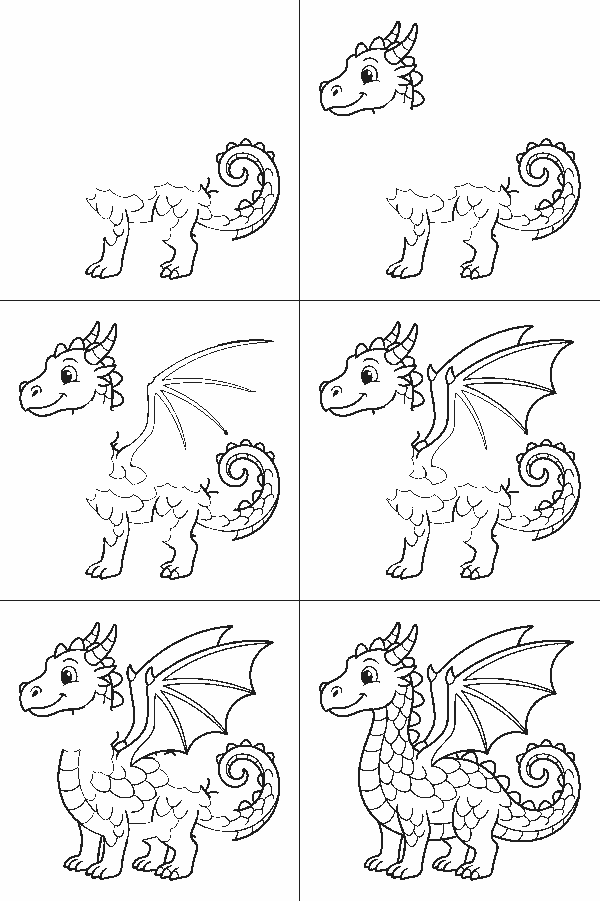 Lámina de dibujo paso a paso: un dragón de pie visto de perfil, con un ojo redondo de pupila rellena, las alas grandes y abiertas, la cola larga enroscada en espiral y una hilera de púas redondeadas a lo largo del lomo, contornos negros sobre blanco.