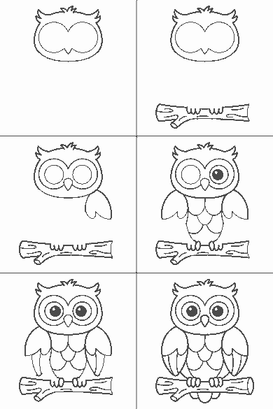 Lámina de dibujo paso a paso: el búho está posado de frente sobre una rama corta y gruesa. Tiene dos ojos muy grandes y redondos, cada uno con la pupila rellena dentro de un anillo, y entre ellos baja un pico pequeño y triangular. Sobre la cabeza se levantan tres puntas: dos mechones laterales y una cresta central.