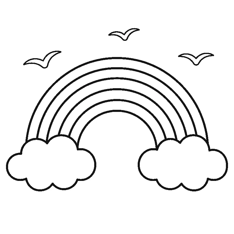Lámina para calcar: un arcoíris de varias bandas con una nube redondeada en cada extremo y tres aves en forma de uve, sin rasgos faciales, volando arriba, contornos negros sobre blanco.