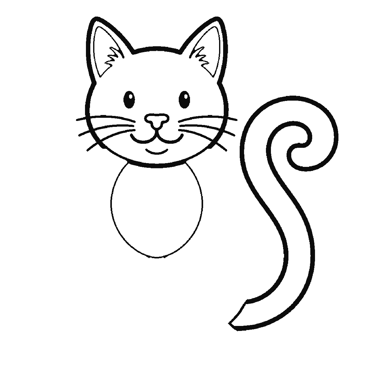 Paso 3 de 6: Paso 3 de 6: Lámina de dibujo paso a paso: un gato sentado y visto de frente, con dos ojos redondos de pupila rellena, bigotes a los lados y una cola larga y enroscada, contornos negros sobre blanco.