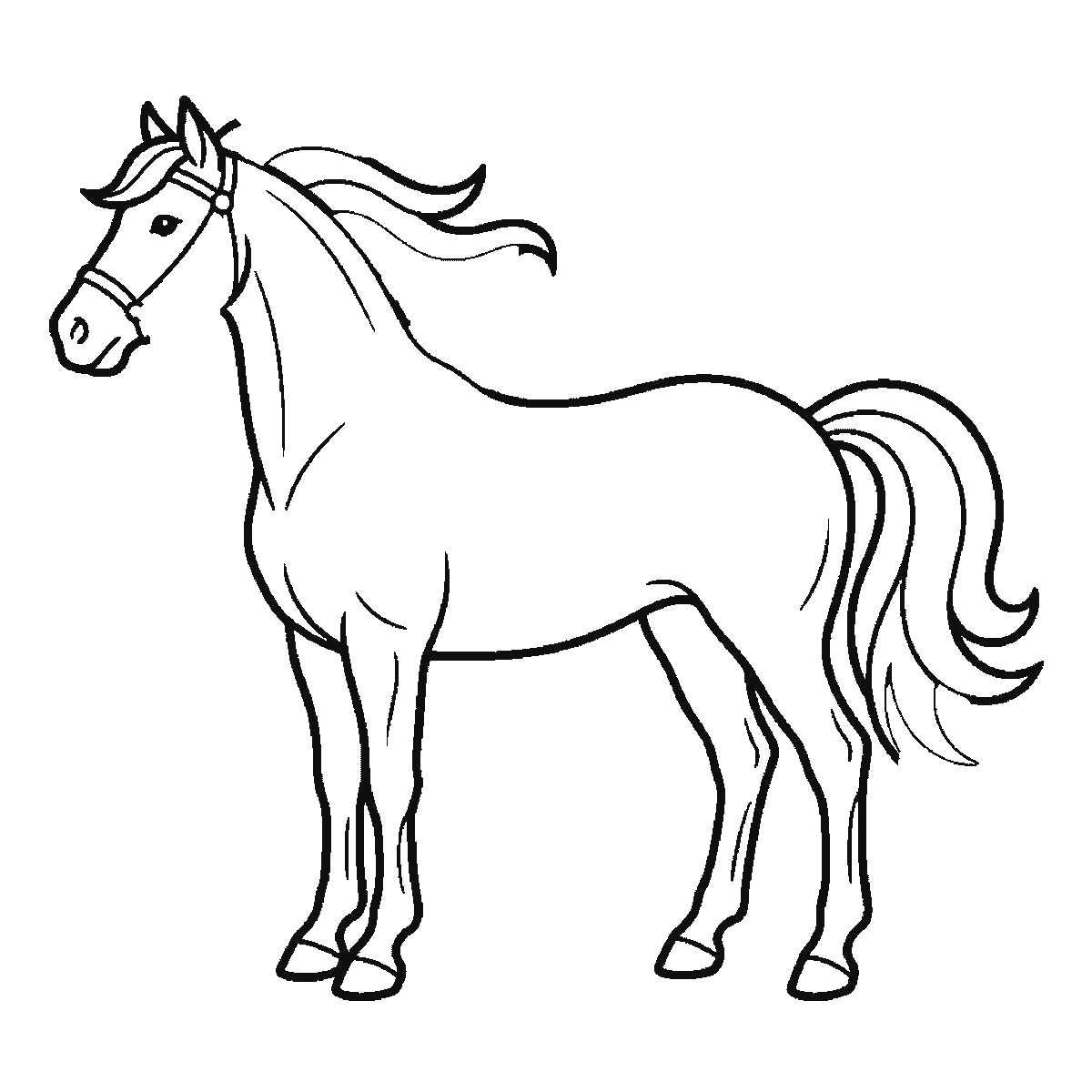 Paso 5 de 6: Paso 5 de 6: Lámina de dibujo paso a paso: un caballo de pie visto de perfil, con un ojo redondo de pupila rellena, un ronzal en la cabeza, y las crines y la cola formando mechones ondulados, contornos negros sobre blanco.