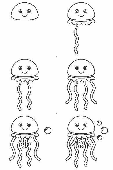 Lámina de dibujo paso a paso: la medusa flota vista de frente. La campana de arriba es una cúpula ancha con dos ojos redondos de pupila rellena y una boca sonriente pequeña. Por debajo, el borde se dibuja como una tira de ondas cerradas. De ahí cuelgan varios tentáculos: los de fuera son largos y lisos, y los del centro son más cortos y ondulados. A la derecha flotan tres burbujas redondas de tamaños distintos.