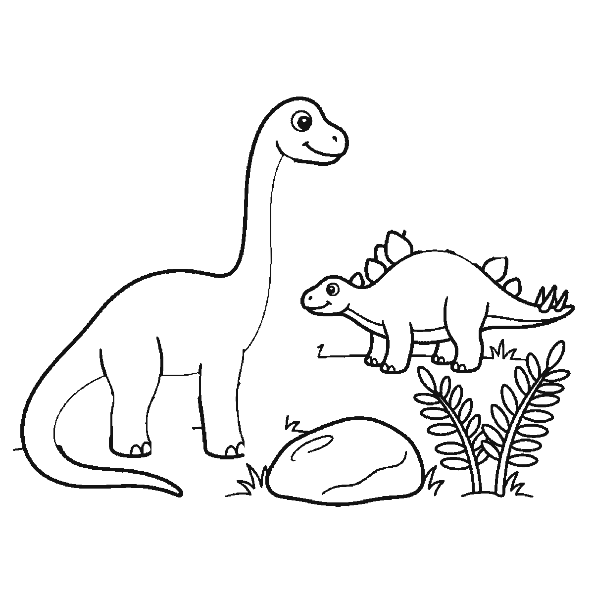 Paso 3 de 6: Paso 3 de 6: Lámina de dibujo paso a paso: un dinosaurio de cuello largo, de pie y de perfil, junto a un dinosaurio más pequeño con placas en el lomo, cada uno con un ojo redondo de pupila rellena, y dos helechos y una roca redondeada al lado, contornos negros sobre blanco.