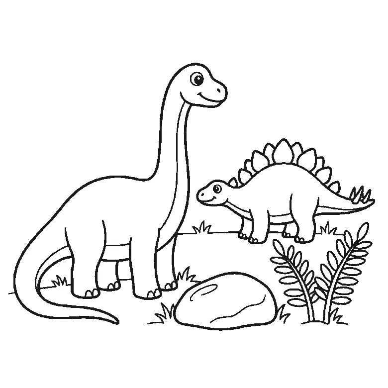 Lámina de dibujo paso a paso: un dinosaurio de cuello largo, de pie y de perfil, junto a un dinosaurio más pequeño con placas en el lomo, cada uno con un ojo redondo de pupila rellena, y dos helechos y una roca redondeada al lado, contornos negros sobre blanco.
