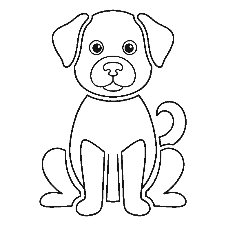 Lámina de dibujo paso a paso: un perro sentado y visto de frente, con dos ojos redondos de pupila rellena, el hocico redondeado, dos orejas, el cuerpo ovalado, las cuatro patas visibles y una cola enroscada, contornos negros sobre blanco.