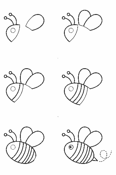 Lámina de dibujo paso a paso: la abeja vuela hacia la izquierda, vista de perfil. El cuerpo es un óvalo cruzado por franjas anchas cerradas, con un ojo redondo de pupila rellena en la parte delantera y un aguijón corto en punta detrás. Sobre el lomo lleva dos alas ovaladas grandes, una más adelantada que la otra. De la cabeza salen dos antenas curvas que terminan en una bolita. A la derecha, una línea de puntos dibuja el recorrido del vuelo.