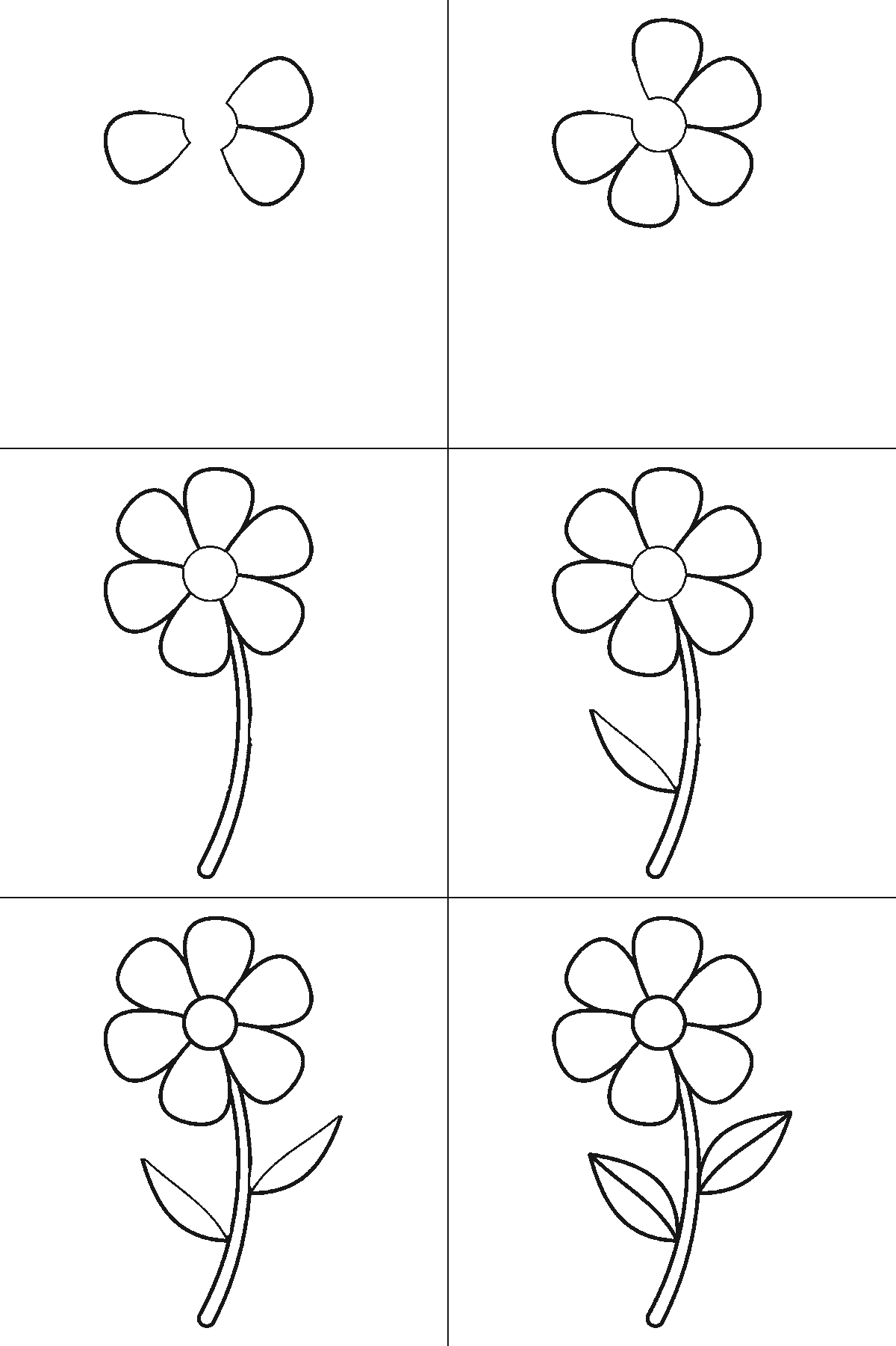 Lámina de dibujo paso a paso: una flor abierta vista de frente con seis pétalos redondeados alrededor de un centro circular, sobre un tallo curvado con dos hojas puntiagudas a distinta altura, cada una con su nervio central, contornos negros sobre blanco.