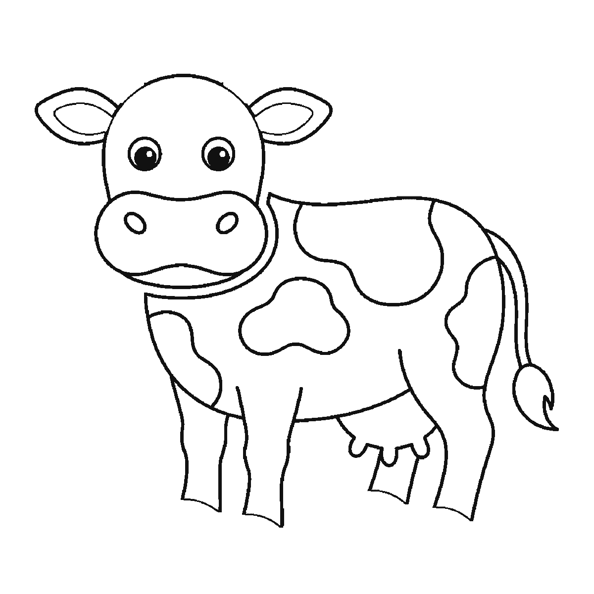 Paso 5 de 6: Paso 5 de 6: Lámina de dibujo paso a paso: una vaca de pie con la cabeza girada hacia quien mira, dos ojos redondos de pupila rellena, dos orejas, dos cuernos cortos, el hocico ancho con dos fosas nasales, tres manchas grandes en el cuerpo, las cuatro patas con pezuñas, la ubre visible y la cola con un mechón, contornos negros sobre blanco.
