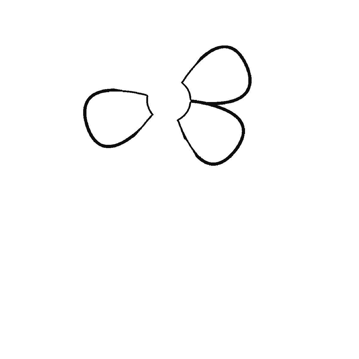 Paso 1 de 6: Paso 1 de 6: Lámina de dibujo paso a paso: una flor abierta vista de frente con seis pétalos redondeados alrededor de un centro circular, sobre un tallo curvado con dos hojas puntiagudas a distinta altura, cada una con su nervio central, contornos negros sobre blanco.