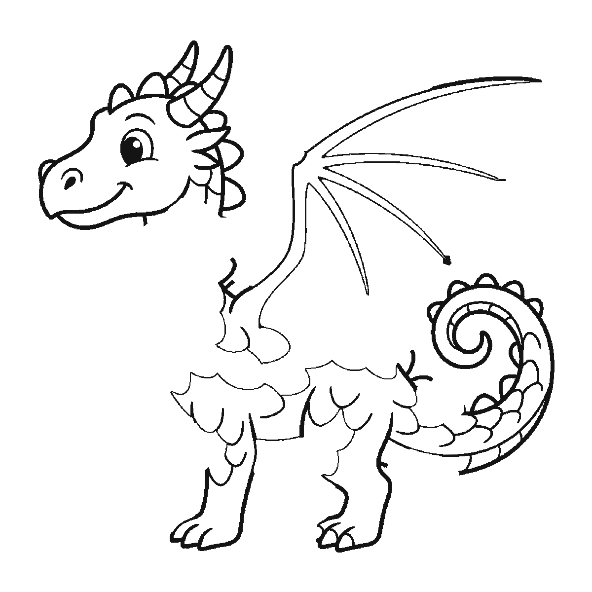 Paso 3 de 6: Paso 3 de 6: Lámina de dibujo paso a paso: un dragón de pie visto de perfil, con un ojo redondo de pupila rellena, las alas grandes y abiertas, la cola larga enroscada en espiral y una hilera de púas redondeadas a lo largo del lomo, contornos negros sobre blanco.