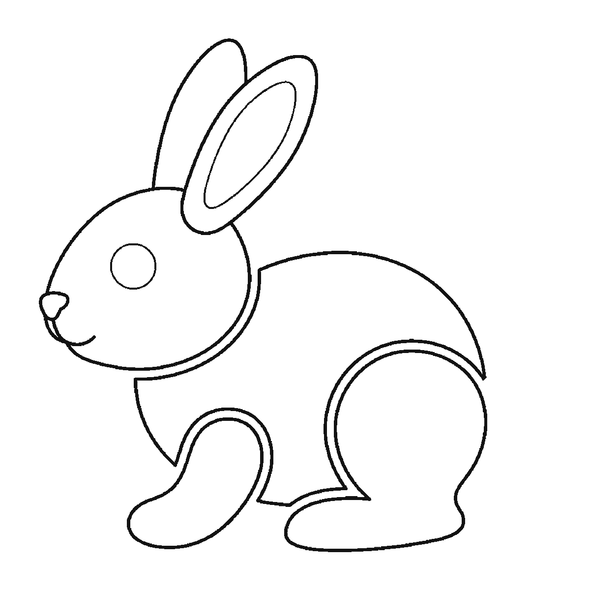 Paso 5 de 6: Paso 5 de 6: Lámina de dibujo paso a paso: un conejo sentado de perfil, con un ojo redondo de pupila rellena, dos orejas largas, el cuerpo redondeado, una pata delantera, una pata trasera y una cola redonda, contornos negros sobre blanco.