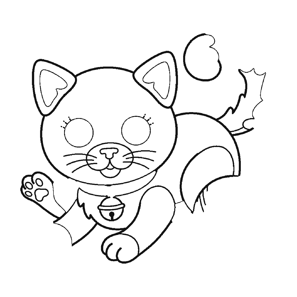 Paso 3 de 6: Paso 3 de 6: Lámina de dibujo paso a paso: un gatito agachado y jugando, visto de frente, con dos ojos redondos de pupila grande, dos orejas triangulares con el interior marcado, un collar con un cascabel, y una pata levantada hacia un ovillo de lana con el hilo suelto formando bucles, contornos negros sobre blanco.