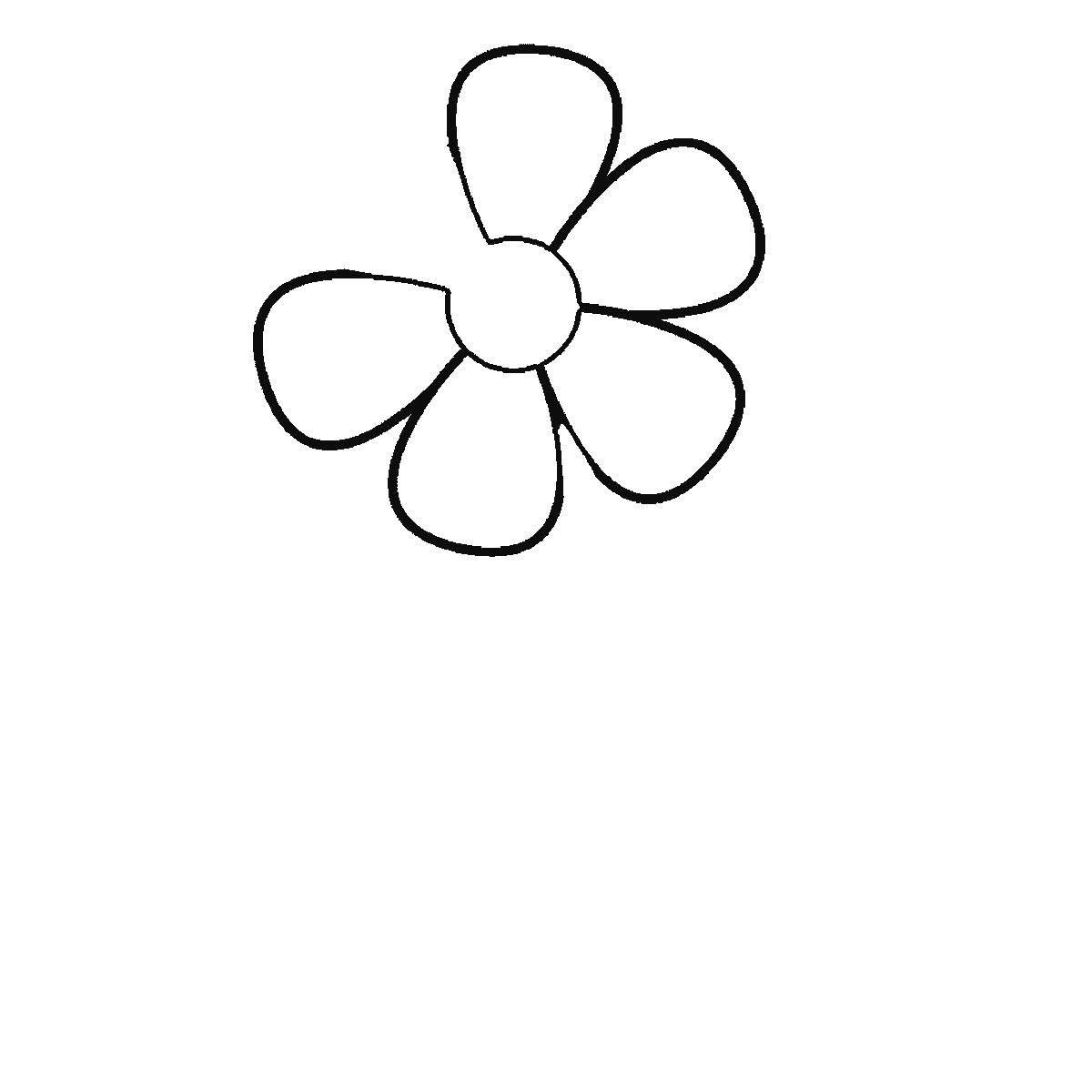 Paso 2 de 6: Paso 2 de 6: Lámina de dibujo paso a paso: una flor abierta vista de frente con seis pétalos redondeados alrededor de un centro circular, sobre un tallo curvado con dos hojas puntiagudas a distinta altura, cada una con su nervio central, contornos negros sobre blanco.