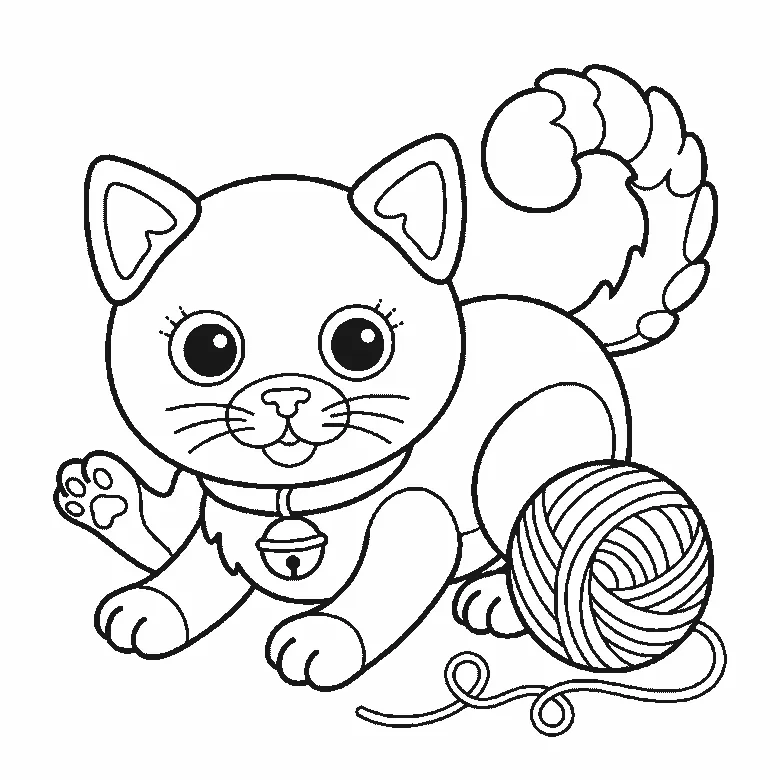 Lámina de dibujo paso a paso: un gatito agachado y jugando, visto de frente, con dos ojos redondos de pupila grande, dos orejas triangulares con el interior marcado, un collar con un cascabel, y una pata levantada hacia un ovillo de lana con el hilo suelto formando bucles, contornos negros sobre blanco.
