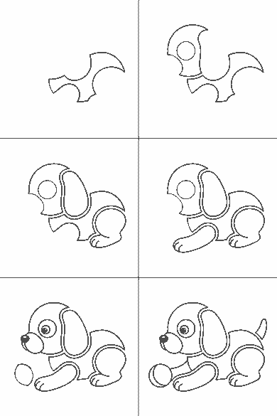 Lámina de dibujo paso a paso: el cachorro está tumbado de perfil, mirando hacia la izquierda, con una pelota frente a las patas delanteras. Se le ve un ojo grande y redondo con la pupila rellena dentro de dos círculos, y la nariz es una mancha redondeada y rellena en la punta del hocico. Una oreja larga y caída cubre el lado de la cabeza. El cuerpo es bajo y alargado, con las patas delanteras estiradas hacia delante y la cola levantada detrás.