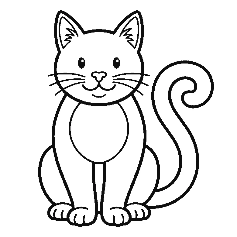 Lámina de dibujo paso a paso: un gato sentado y visto de frente, con dos ojos redondos de pupila rellena, bigotes a los lados y una cola larga y enroscada, contornos negros sobre blanco.