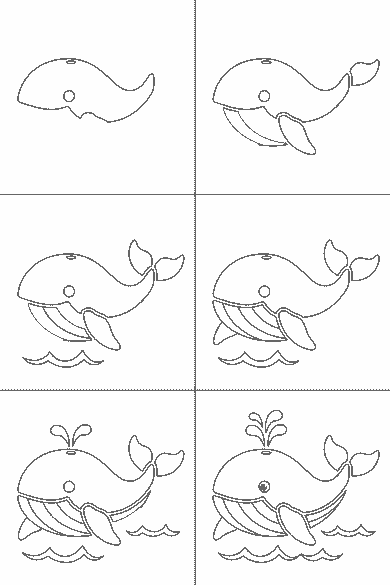 Lámina de dibujo paso a paso: la ballena nada hacia la izquierda, vista de perfil, sobre varias ondas. El cuerpo forma una curva grande que se estrecha hacia una cola horizontal de dos lóbulos. Se le ve un ojo redondo con la pupila rellena y una boca corta y curva. Bajo el cuerpo hay una zona clara con cuatro pliegues y dos aletas; sobre el lomo se abre el espiráculo y sube un chorro de tres penachos curvos.