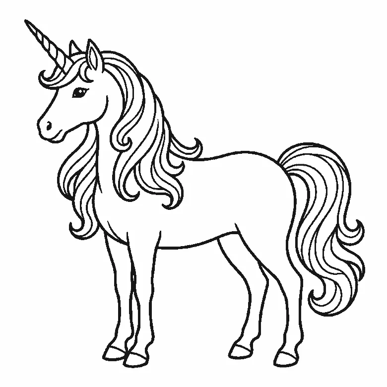 Lámina de dibujo paso a paso: un unicornio de pie visto de perfil, con un ojo redondo de pupila rellena, la crin y la cola ondulantes, y un único cuerno en espiral, contornos negros sobre blanco.