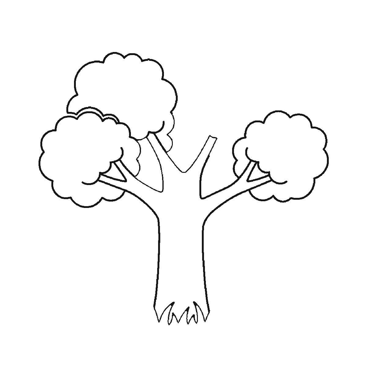 Paso 3 de 6: Paso 3 de 6: Lámina de dibujo paso a paso: un árbol frondoso con el tronco grueso, varias ramas que sostienen cinco copas redondeadas de follaje, un macizo de hierba en la base y tres hojas caídas al lado, contornos negros sobre blanco.