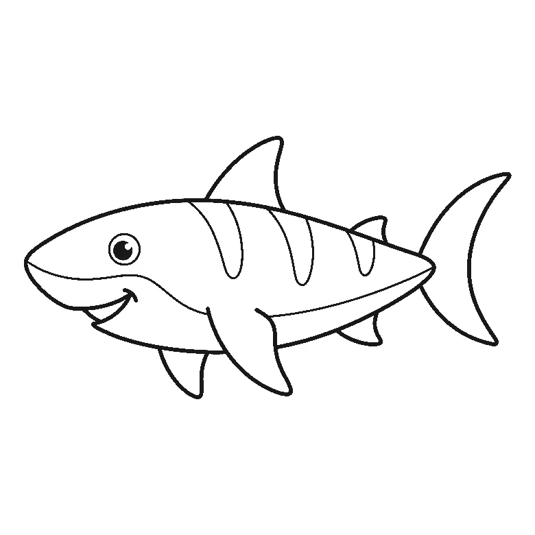 Lámina para calcar: un tiburón nadando de perfil, con un ojo redondo de pupila rellena, una aleta dorsal triangular, varias aletas más bajo el cuerpo, la cola en forma de media luna, la boca sonriente y unas marcas verticales junto a las agallas, contornos negros sobre blanco.