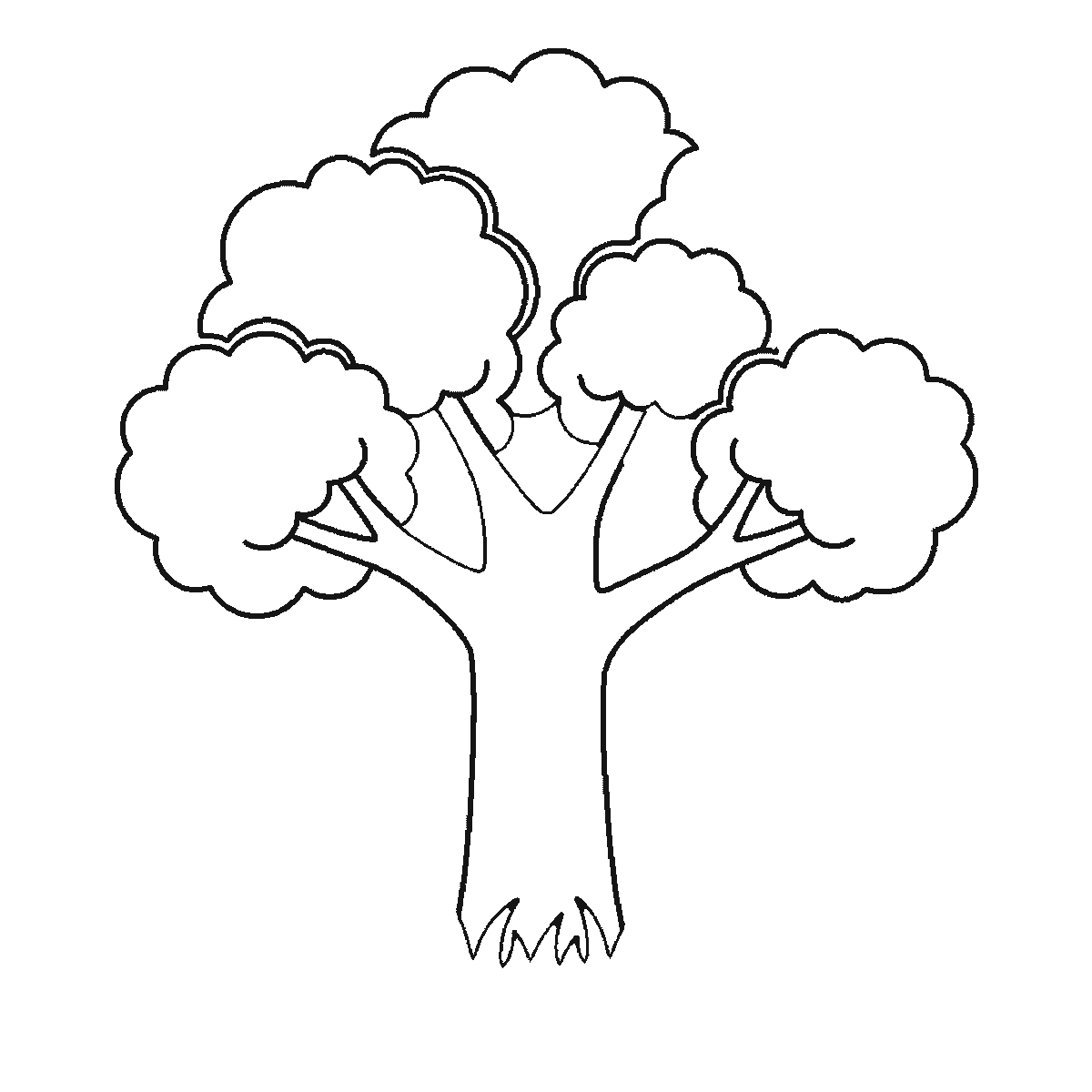 Paso 4 de 6: Paso 4 de 6: Lámina de dibujo paso a paso: un árbol frondoso con el tronco grueso, varias ramas que sostienen cinco copas redondeadas de follaje, un macizo de hierba en la base y tres hojas caídas al lado, contornos negros sobre blanco.