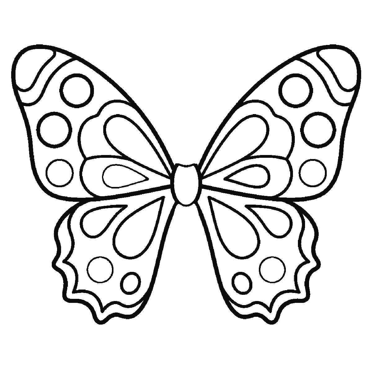 Paso 5 de 6: Paso 5 de 6: Lámina de dibujo paso a paso: una mariposa vista desde arriba con las alas simétricas totalmente extendidas y decoradas con círculos y motivos en forma de gota, la cabeza es un óvalo liso con dos antenas y sin rasgos faciales, contornos negros sobre blanco.