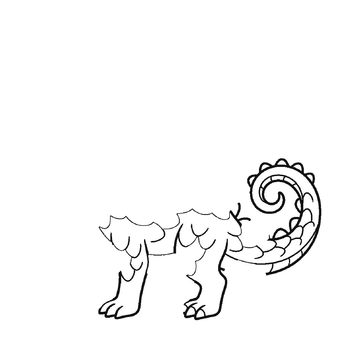 Paso 1 de 6: Paso 1 de 6: Lámina de dibujo paso a paso: un dragón de pie visto de perfil, con un ojo redondo de pupila rellena, las alas grandes y abiertas, la cola larga enroscada en espiral y una hilera de púas redondeadas a lo largo del lomo, contornos negros sobre blanco.