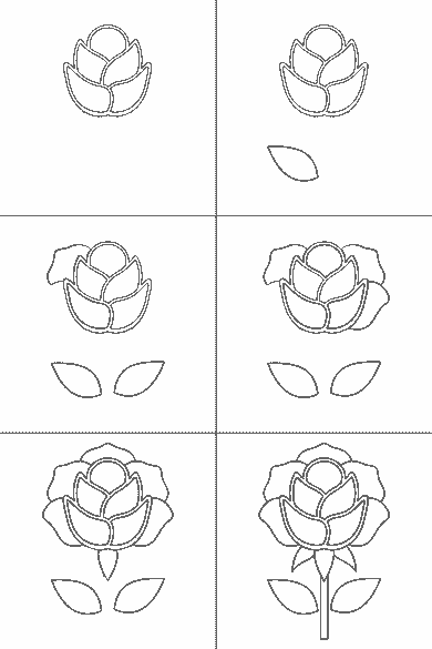 Lámina de dibujo paso a paso: la rosa se ve de frente, abierta, sobre un tallo recto. En el centro, los pétalos se enrollan en tres capas cerradas, cada una encajada dentro de la anterior. Alrededor, cinco pétalos exteriores más anchos se abren hacia los lados con el borde ondulado. Debajo de la flor hay tres sépalos puntiagudos —uno central y dos laterales— y, más abajo, el tallo lleva dos hojas alargadas, una a cada lado, dibujadas como formas cerradas lisas.