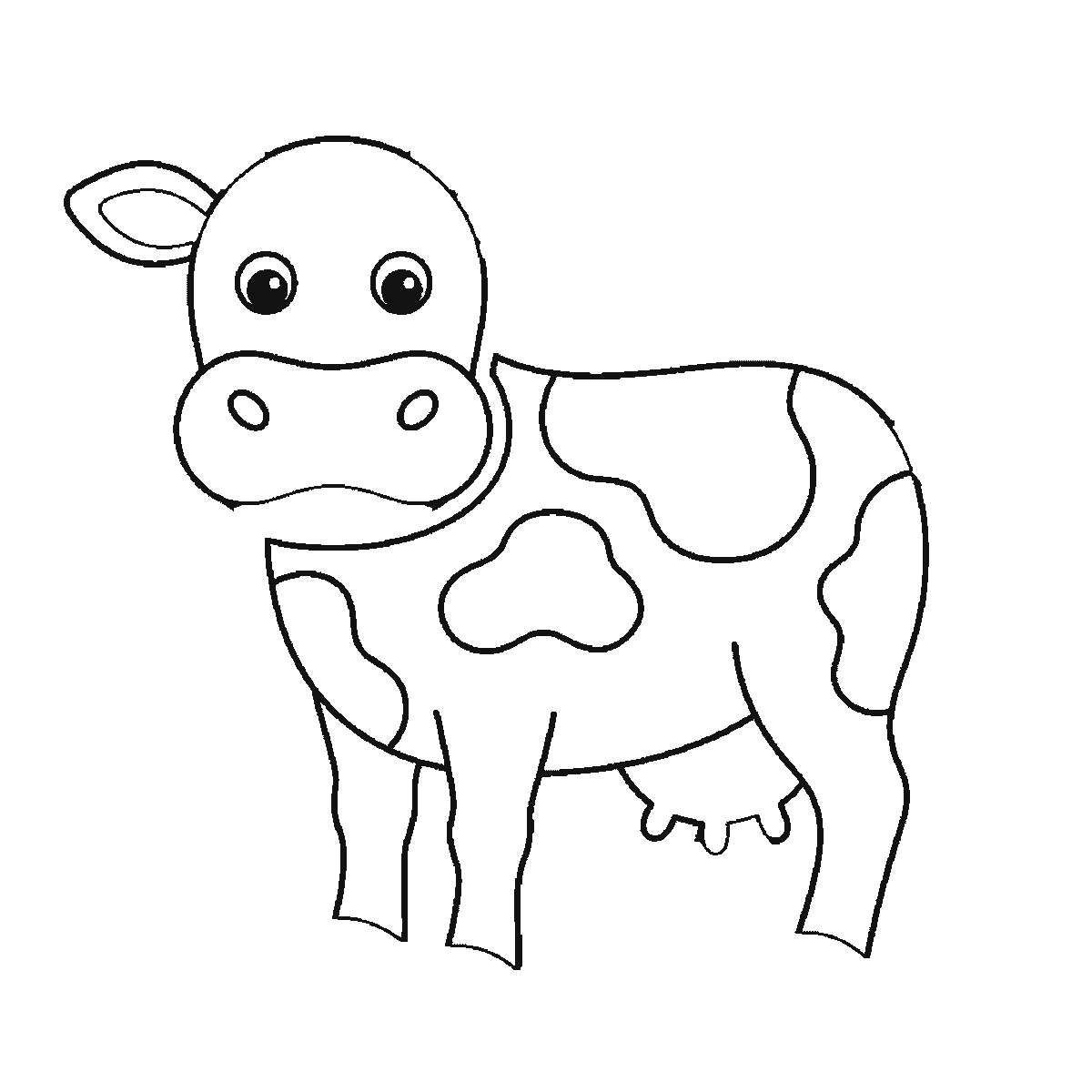 Paso 4 de 6: Paso 4 de 6: Lámina de dibujo paso a paso: una vaca de pie con la cabeza girada hacia quien mira, dos ojos redondos de pupila rellena, dos orejas, dos cuernos cortos, el hocico ancho con dos fosas nasales, tres manchas grandes en el cuerpo, las cuatro patas con pezuñas, la ubre visible y la cola con un mechón, contornos negros sobre blanco.