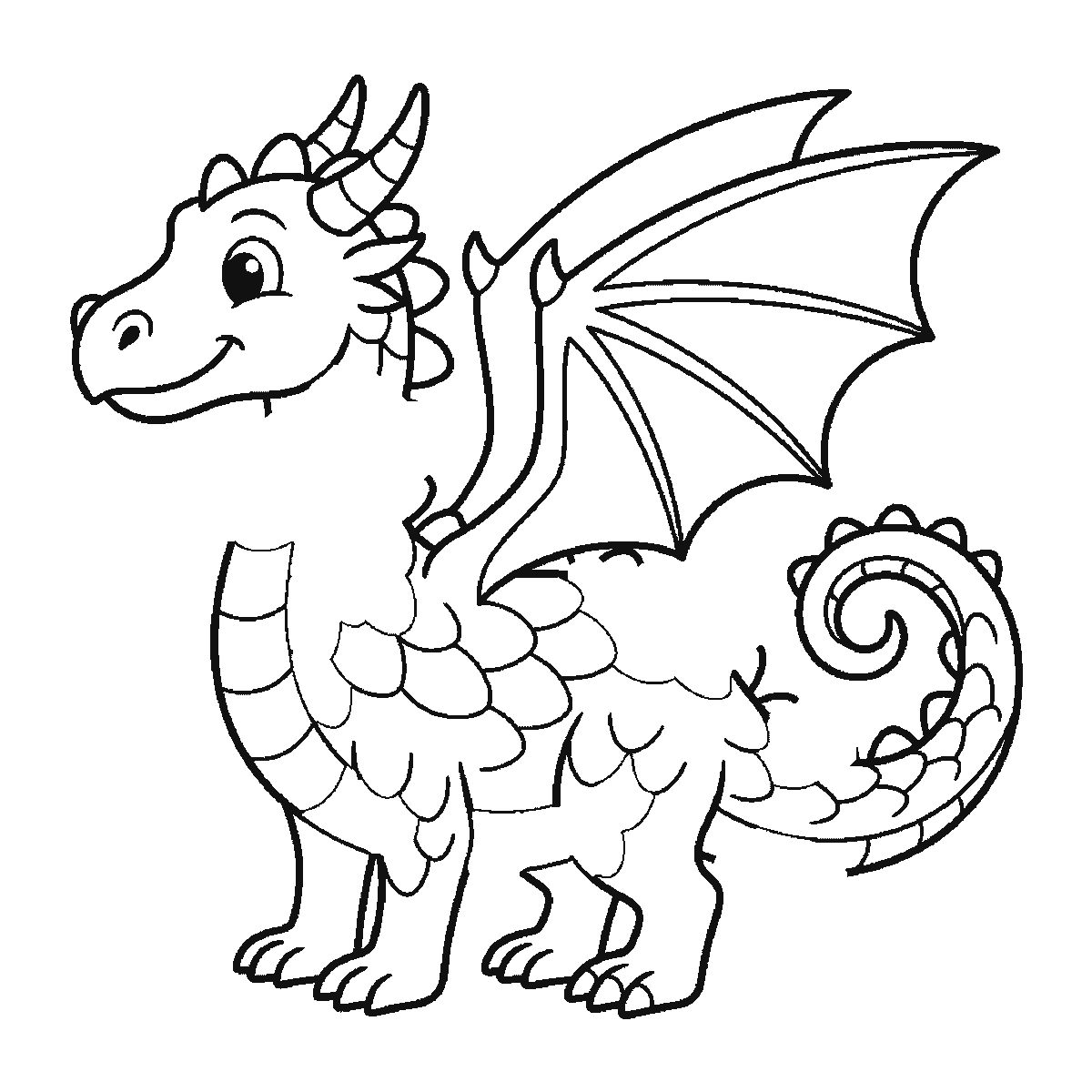 Paso 5 de 6: Paso 5 de 6: Lámina de dibujo paso a paso: un dragón de pie visto de perfil, con un ojo redondo de pupila rellena, las alas grandes y abiertas, la cola larga enroscada en espiral y una hilera de púas redondeadas a lo largo del lomo, contornos negros sobre blanco.