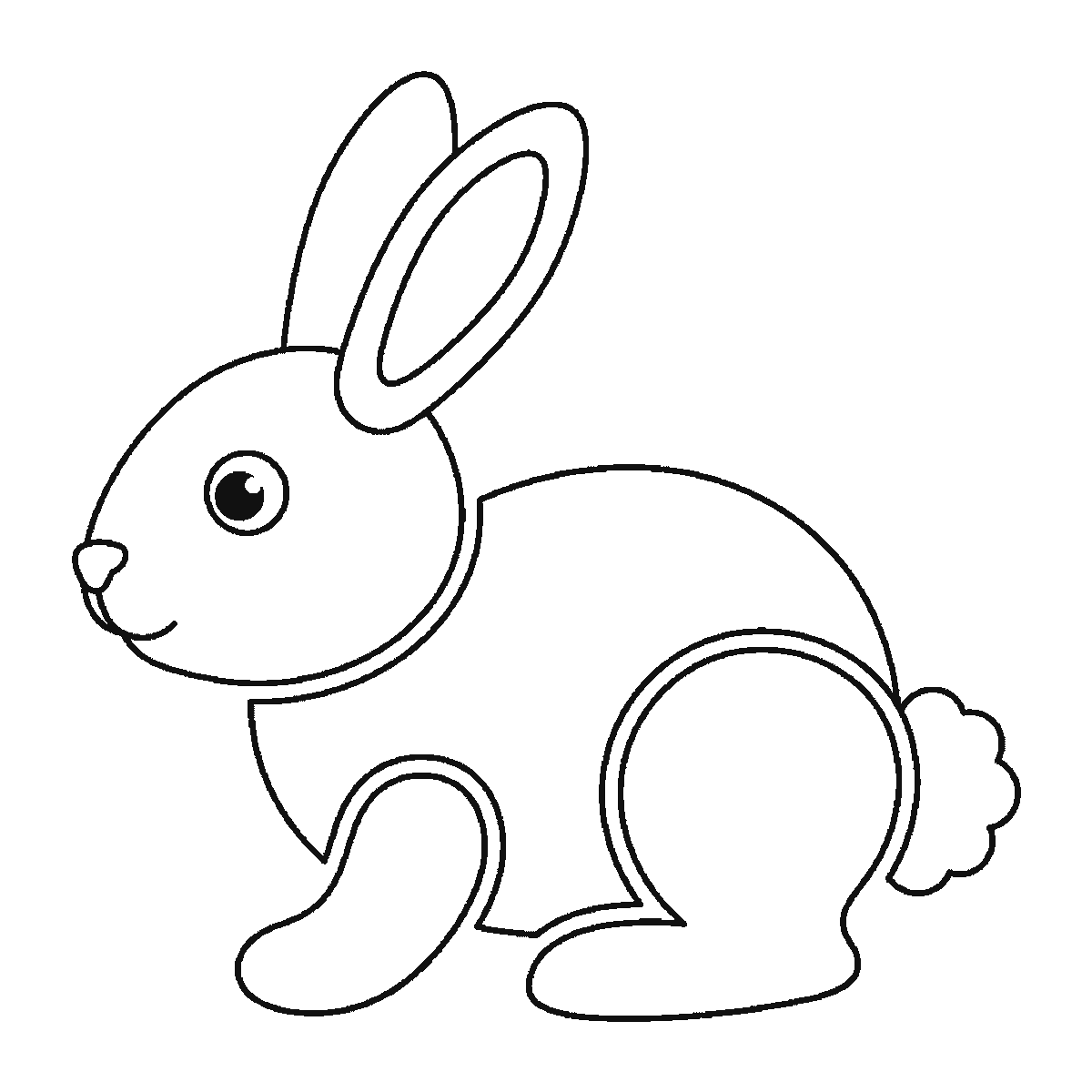 Paso 6 de 6: Paso 6 de 6: Lámina de dibujo paso a paso: un conejo sentado de perfil, con un ojo redondo de pupila rellena, dos orejas largas, el cuerpo redondeado, una pata delantera, una pata trasera y una cola redonda, contornos negros sobre blanco.