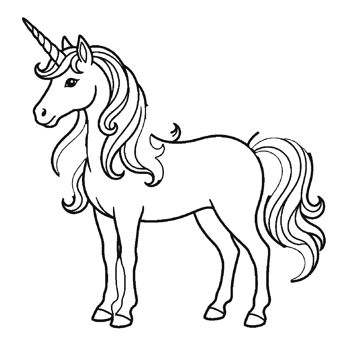 Paso 5 de 6: Paso 5 de 6: Lámina de dibujo paso a paso: un unicornio de pie visto de perfil, con un ojo redondo de pupila rellena, la crin y la cola ondulantes, y un único cuerno en espiral, contornos negros sobre blanco.