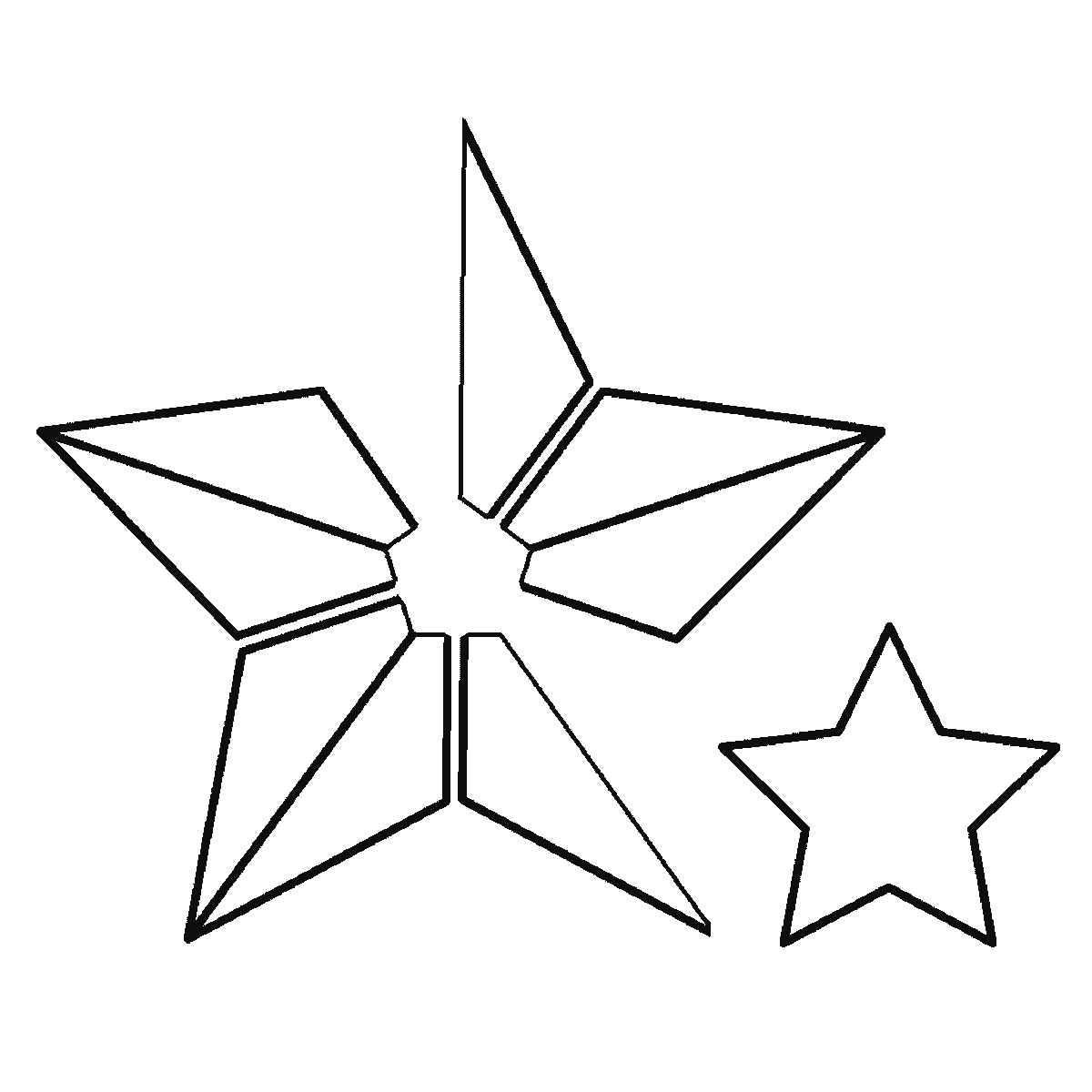 Paso 4 de 6: Paso 4 de 6: Lámina de dibujo paso a paso: una estrella grande de cinco puntas con la cara dividida en paneles triangulares alrededor de un pequeño pentágono central, junto a otras cuatro estrellas más pequeñas de distinto tamaño, contornos negros sobre blanco.