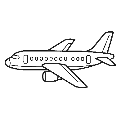 Lámina para calcar: el contorno muestra un avión de pasajeros visto de perfil y algo desde abajo, apuntando hacia la izquierda. El fuselaje es alargado y redondeado en el morro. A lo largo del costado hay una fila de ventanillas: dos rectangulares más grandes en los extremos y una serie de óvalos pequeños entre ellas. El ala grande cruza por delante y lleva un motor colgado debajo; detrás se levanta la aleta de cola con la línea del timón y un solo plano horizontal.